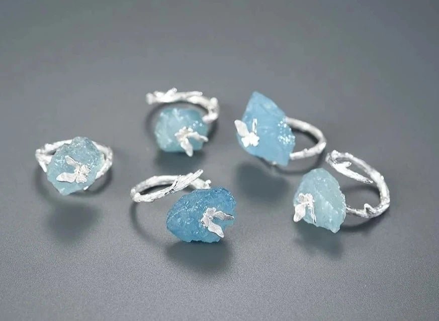 Anel ajustável borboleta com Prata 925 e água marinha - Folhado ouro 18K