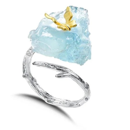 Anel ajustável borboleta com Prata 925 e água marinha - Folhado ouro 18K