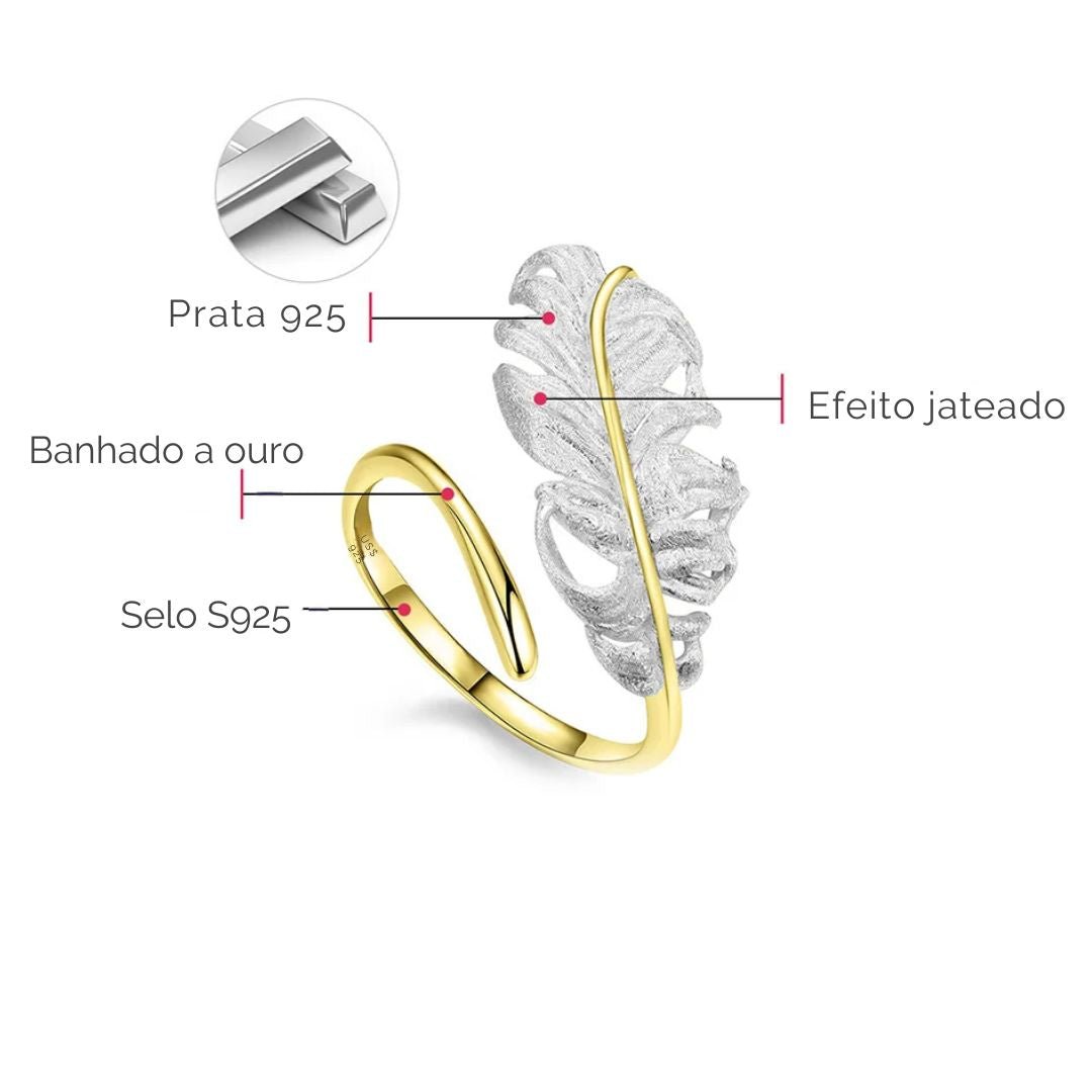 Anel ajustável de prata 925 folhado a ouro 18K pena de ganso