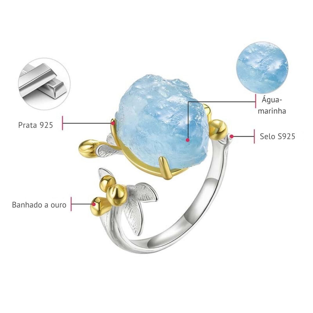 Anel ajustável prata 925 com água marinha e detalhes ouro 18K - Cuidarte Integral