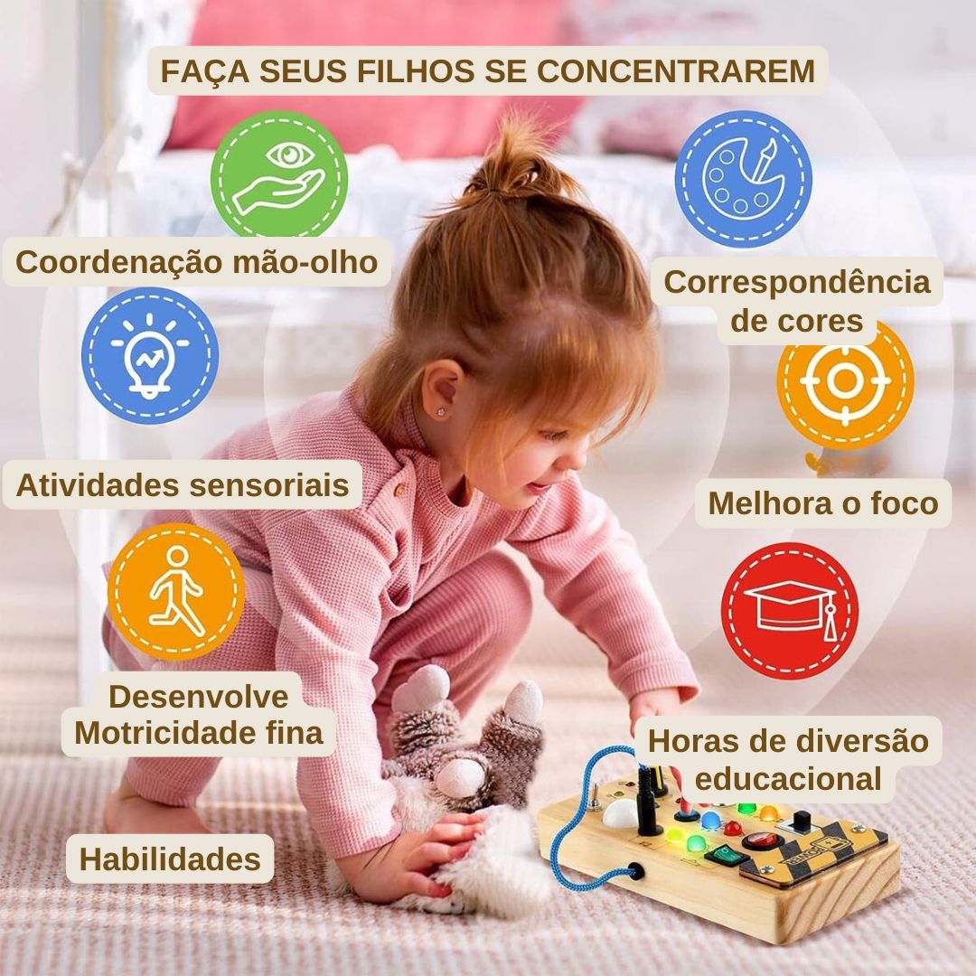 Brinquedo placa sensorial de madeira montessori com led - 2 A 4 ANOS - Cuidarte Integral