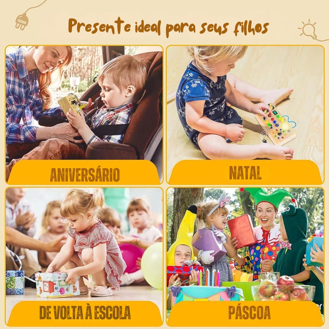 Brinquedo placa sensorial de madeira montessori com led - 2 A 4 ANOS - Cuidarte Integral