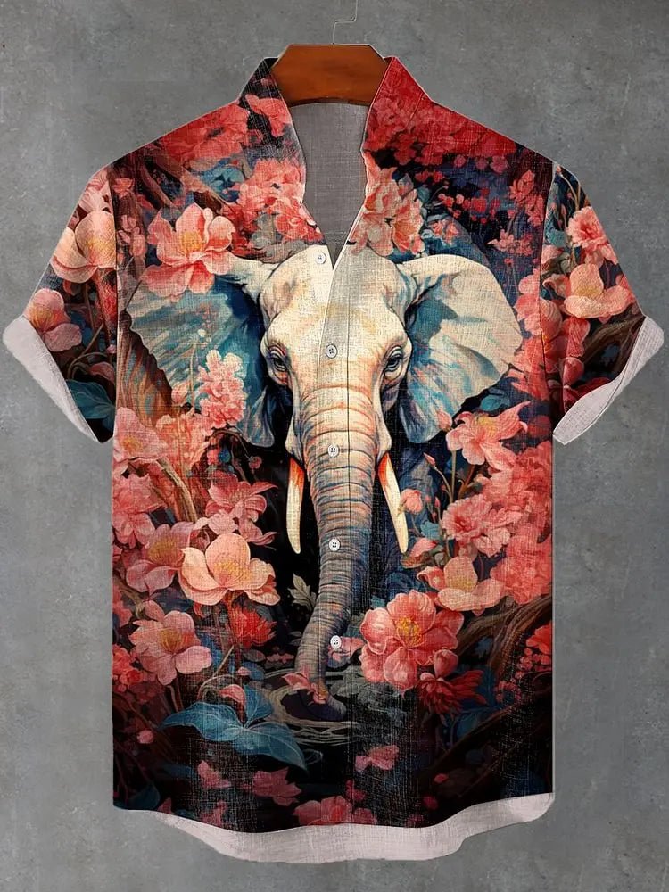 Camisa Masculina Estampada com Elefante Sagrado em Linho – Estilo Oriental Retrô - Cuidarte Integral
