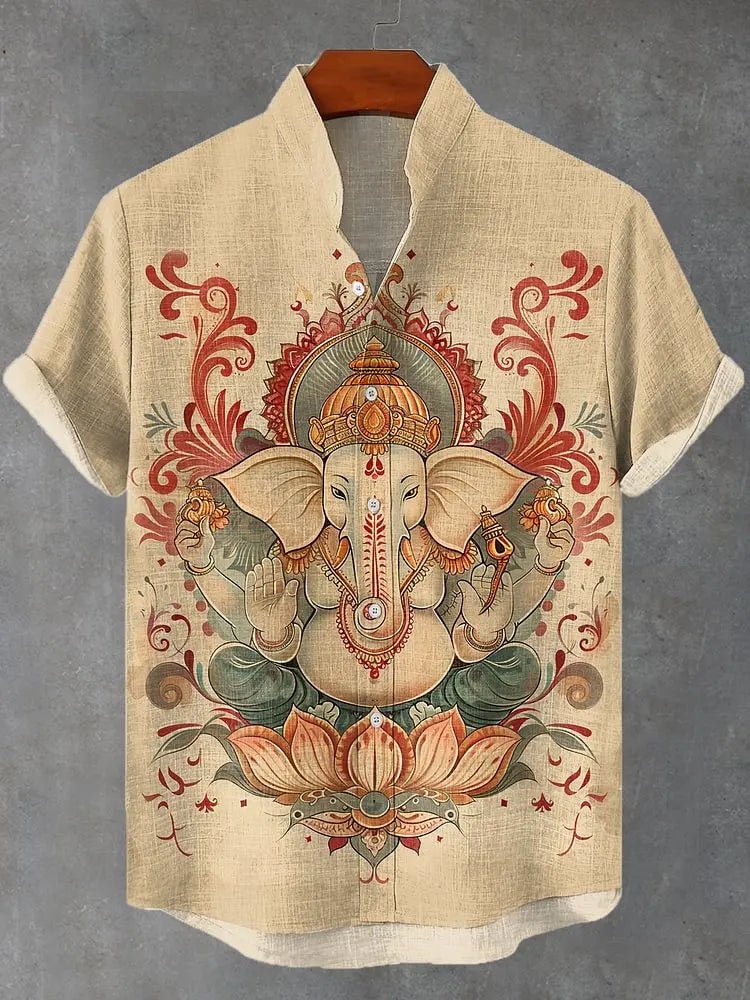 Camisa Masculina Estampada com Elefante Sagrado em Linho – Estilo Oriental Retrô - Cuidarte Integral
