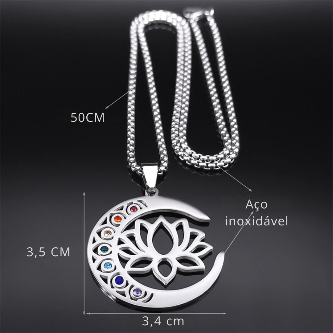 Colar pingente flor de lótus e lua 7 chakras - Cuidarte Integral