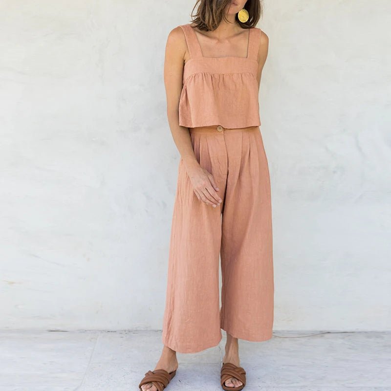 Conjunto Cropped de alça e Calça de linho com algodão feminino adulto boho chic - Cuidarte Integral