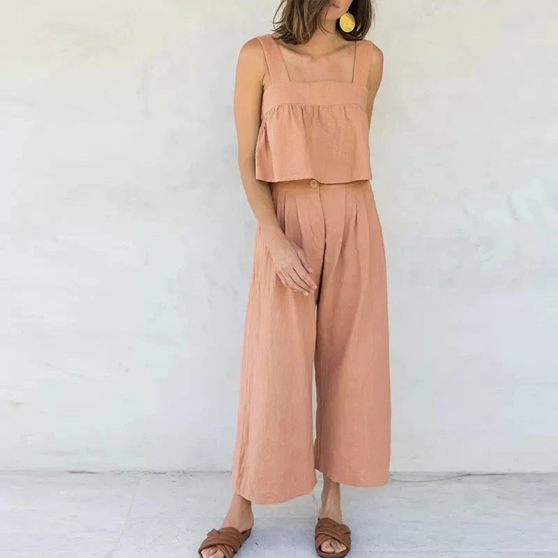 Conjunto Cropped de alça e Calça de linho com algodão feminino adulto boho chic - Cuidarte Integral