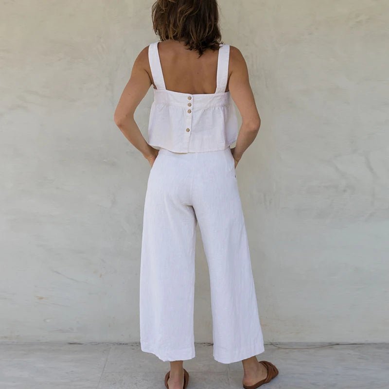 Conjunto Cropped de alça e Calça de linho com algodão feminino adulto boho chic - Cuidarte Integral