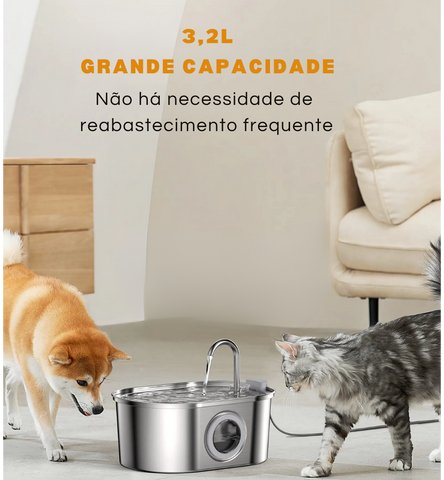 Fonte pet 3,2 L de aço inoxidável com controle de nível - FONTE PURAPET - Cuidarte Integral