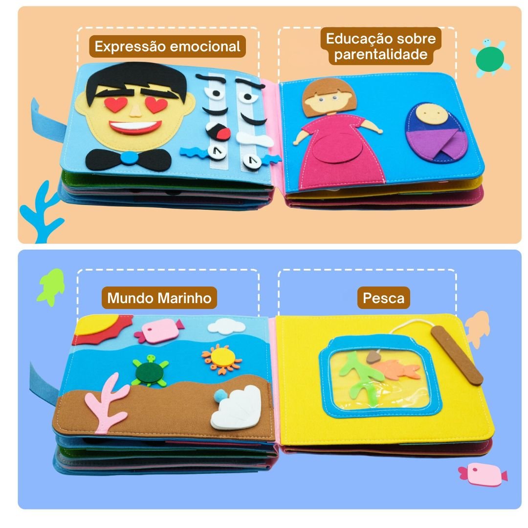 Livro de contar histórias brinquedo educacional sensorial montessori 0 - 6 anos - Cuidarte Integral