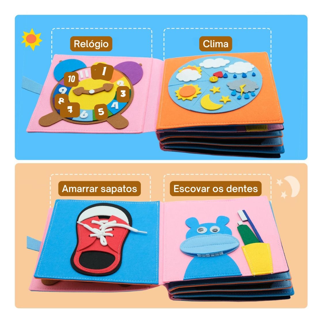 Livro de contar histórias brinquedo educacional sensorial montessori 0 - 6 anos - Cuidarte Integral