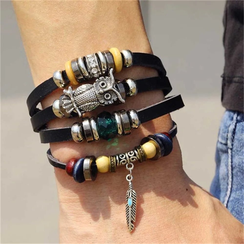 Pulseira masculina boho chic liga de zinco e couro - Cuidarte Integral