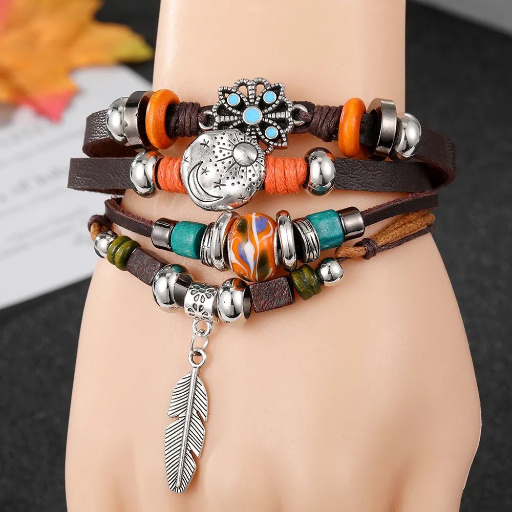 Pulseira masculina boho chic liga de zinco e couro - Cuidarte Integral