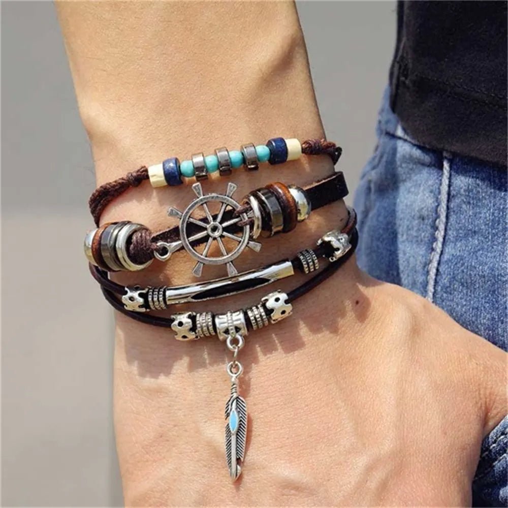 Pulseira masculina boho chic liga de zinco e couro - Cuidarte Integral