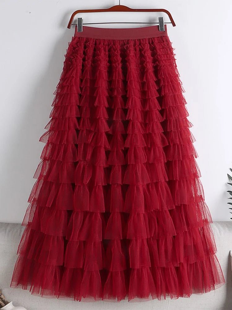 Saia Longa de Tule em Camadas Plissada Cintura Alta Feminina Boho Chic - Cuidarte Integral