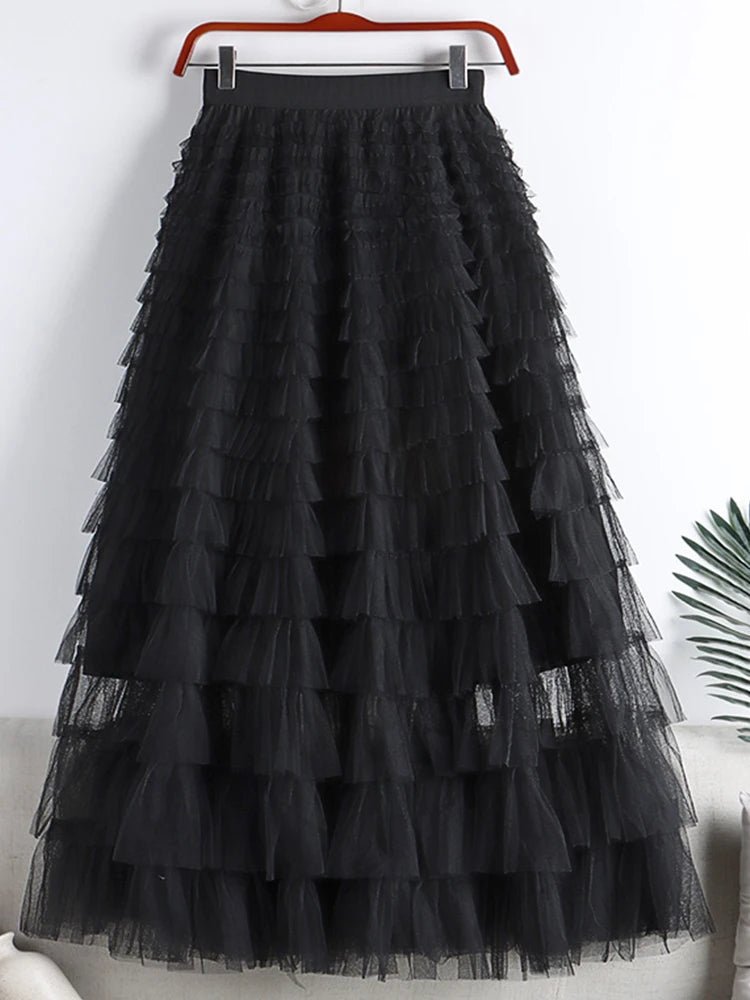 Saia Longa de Tule em Camadas Plissada Cintura Alta Feminina Boho Chic - Cuidarte Integral