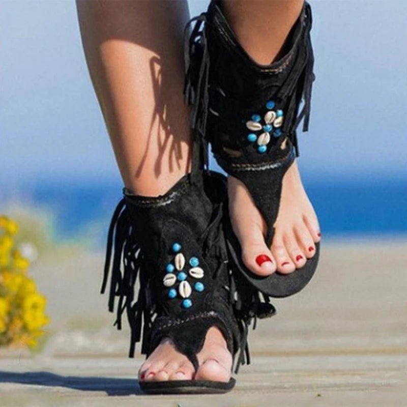 Sandália Feminina Boho com Franja e Conchas – Estilo Hippie Chic Retrô - Cuidarte Integral