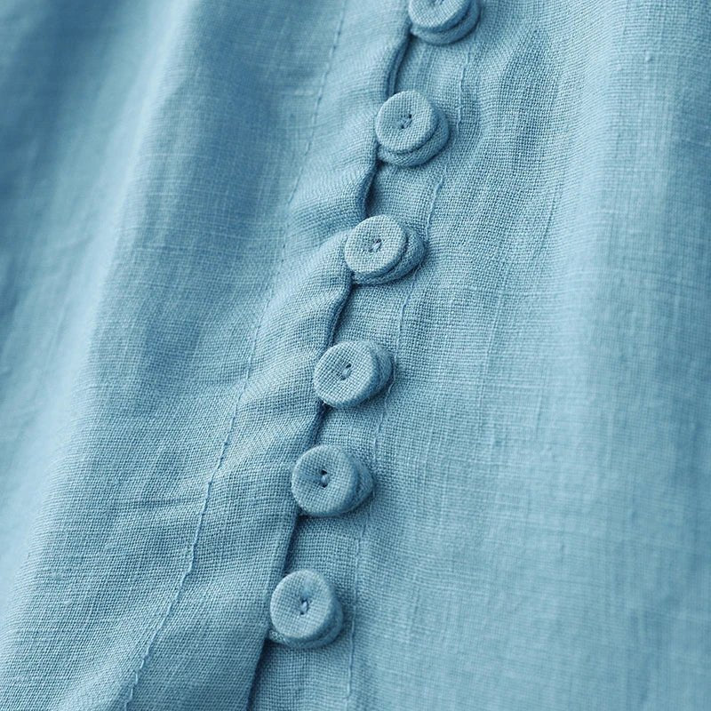 Vestido Feminino Longo Azul de Algodão e Linho – Casual, meia manga - Cuidarte Integral