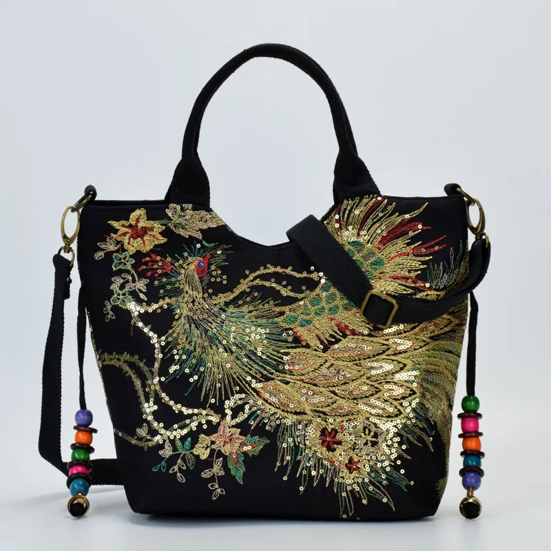 Bolsa Feminina Bordada Estilo Oriental com Pavão Dourado e Alça Dupla