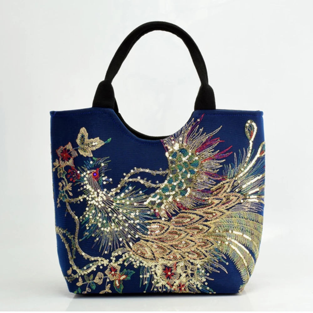 Bolsa Feminina Bordada Estilo Oriental com Pavão Dourado e Alça Dupla