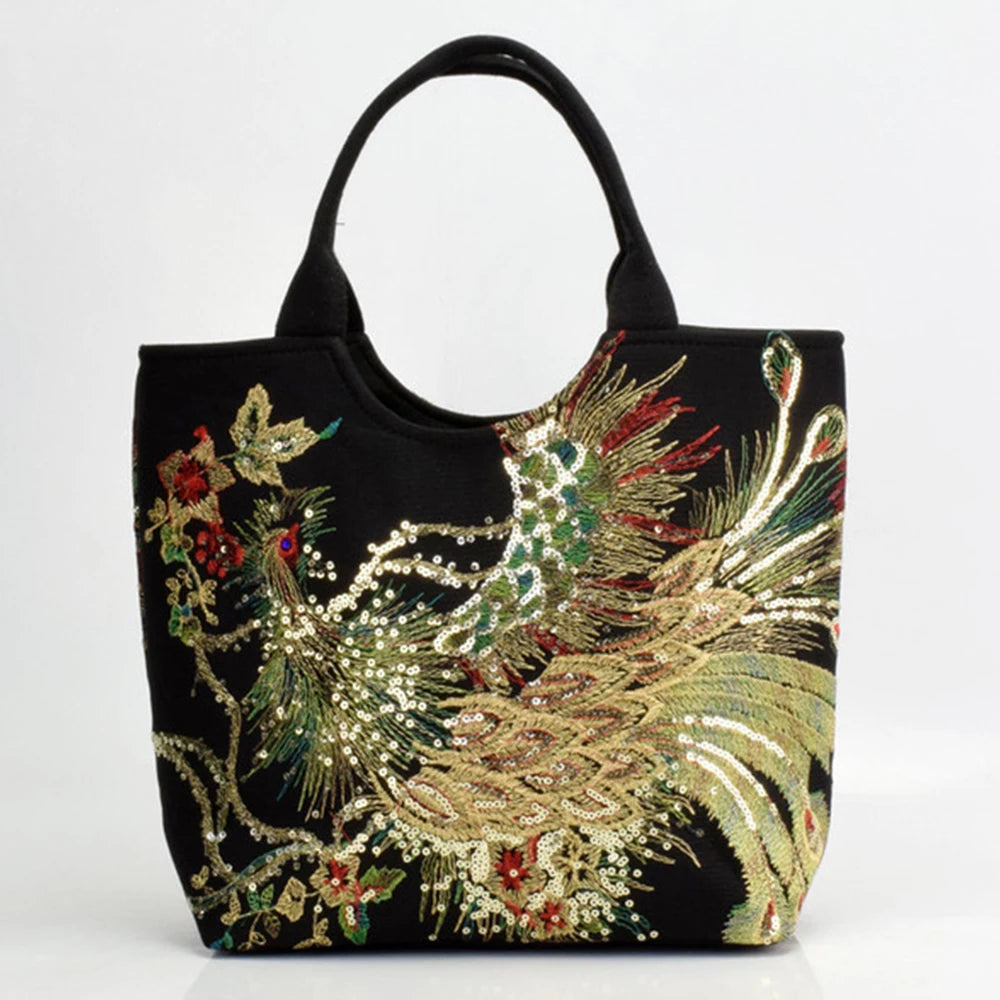 Bolsa Feminina Bordada Estilo Oriental com Pavão Dourado e Alça Dupla