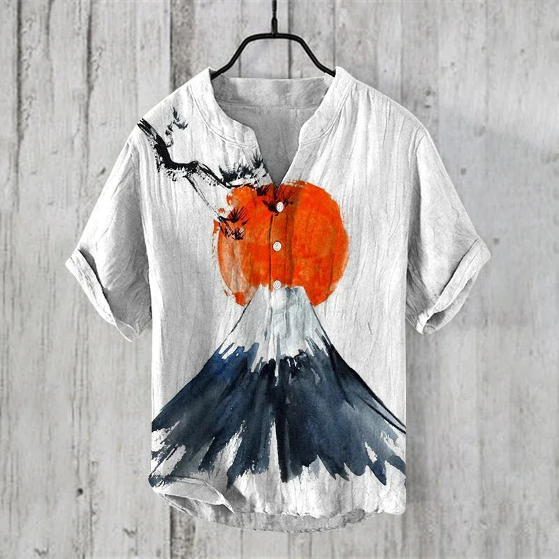 Camisa Masculina Estampa Oriental em Microfibra e Fibra de Bambu
