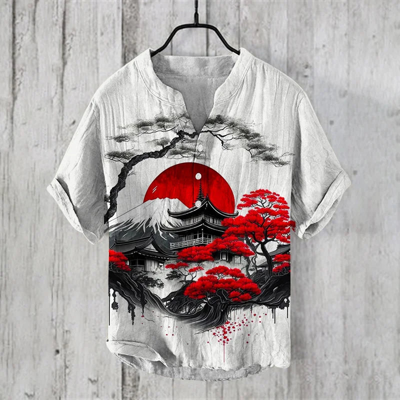 Camisa Masculina Estampa Oriental em Microfibra e Fibra de Bambu