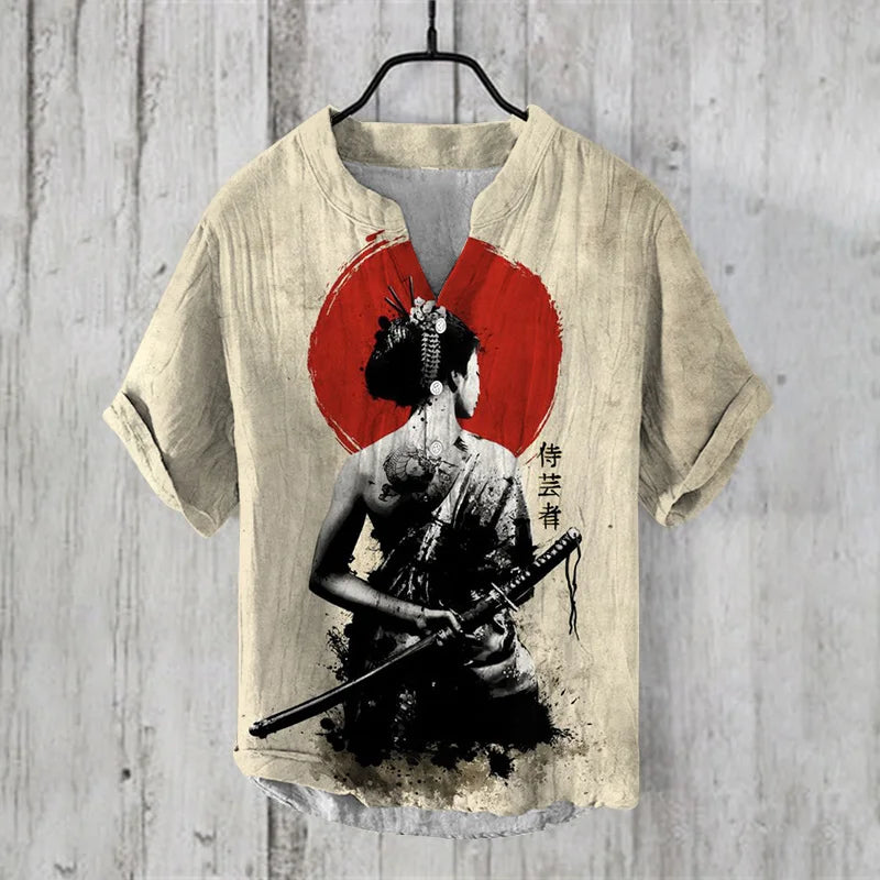 Camisa Masculina Estampa Oriental em Microfibra e Fibra de Bambu