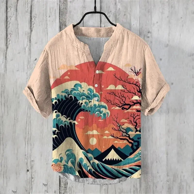 Camisa Masculina Estampa Oriental em Microfibra e Fibra de Bambu