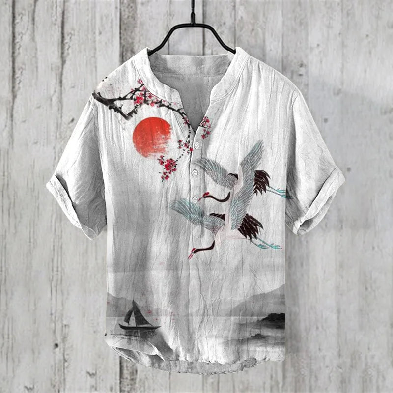 Camisa Masculina Estampa Oriental em Microfibra e Fibra de Bambu