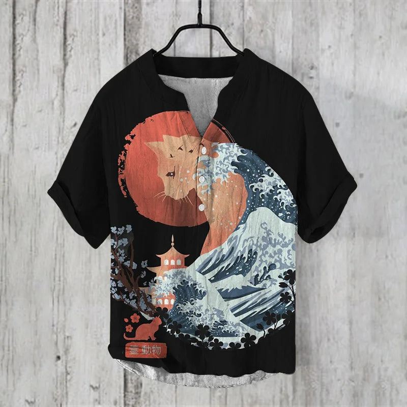 Camisa Masculina Estampa Oriental em Microfibra e Fibra de Bambu