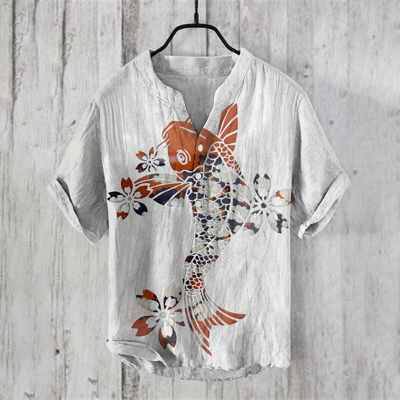 Camisa Masculina Estampa Oriental em Microfibra e Fibra de Bambu