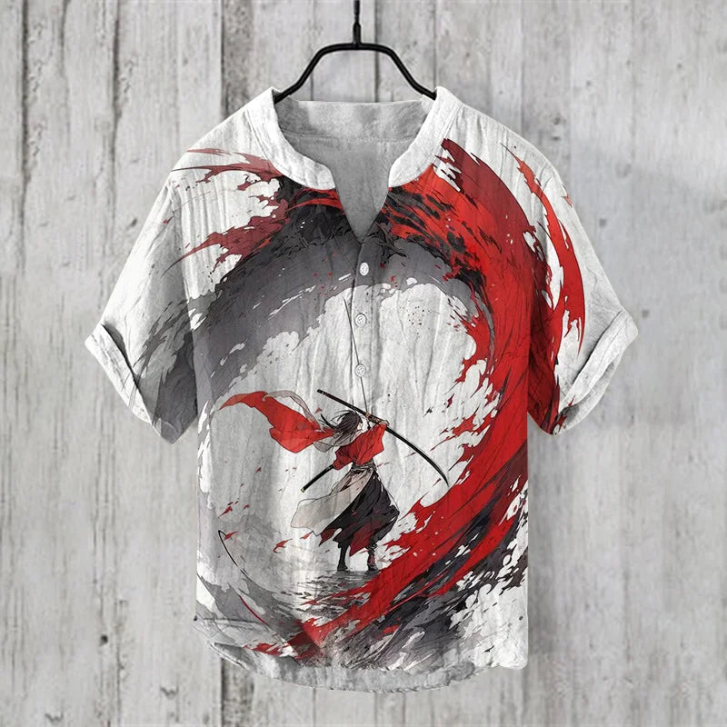 Camisa Masculina Estampa Oriental em Microfibra e Fibra de Bambu