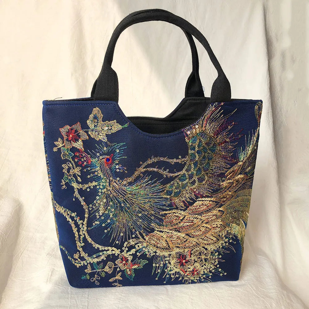 Bolsa Feminina Bordada Estilo Oriental com Pavão Dourado e Alça Dupla