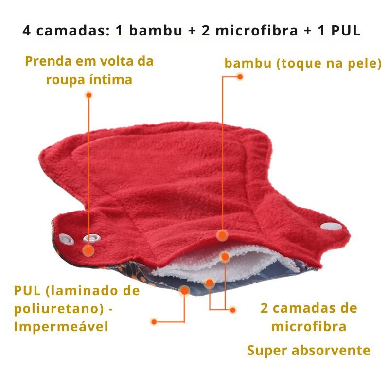 Absorvente higiênico reutilizável de bambú orgânico - fluxo intenso kit 10 unidades - Cuidarte Integral