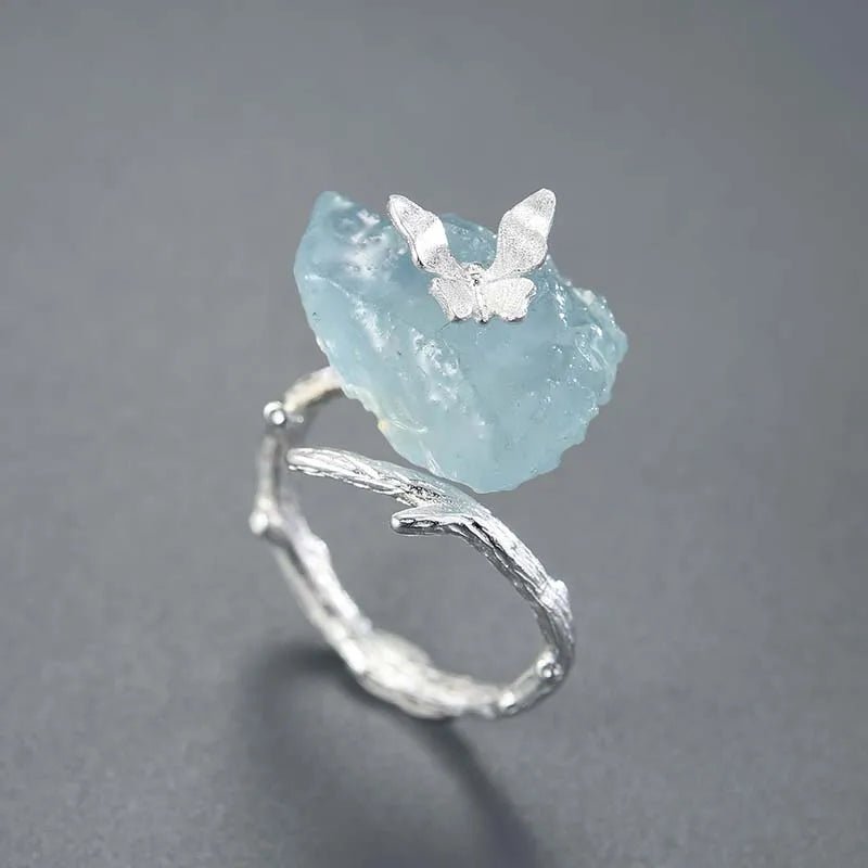 Anel ajustável borboleta com Prata 925 e água marinha - Folhado ouro 18K