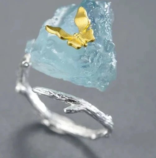 Anel ajustável borboleta com Prata 925 e água marinha - Folhado ouro 18K