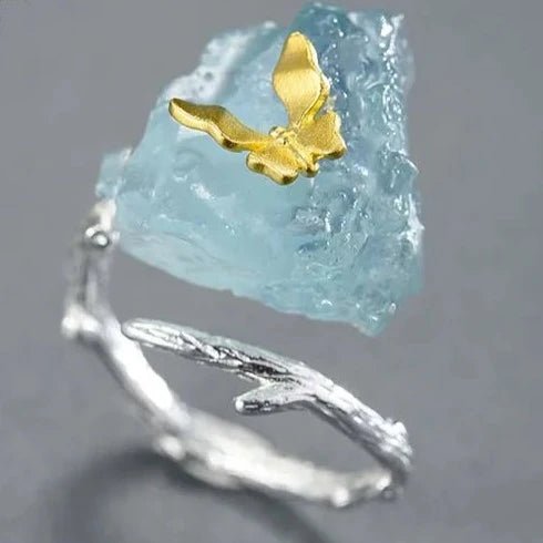 Anel ajustável borboleta com Prata 925 e água marinha - Folhado ouro 18K