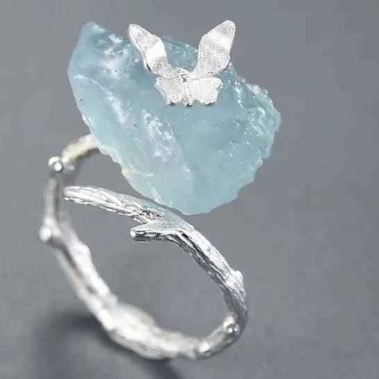 Anel ajustável borboleta com Prata 925 e água marinha - Folhado ouro 18K