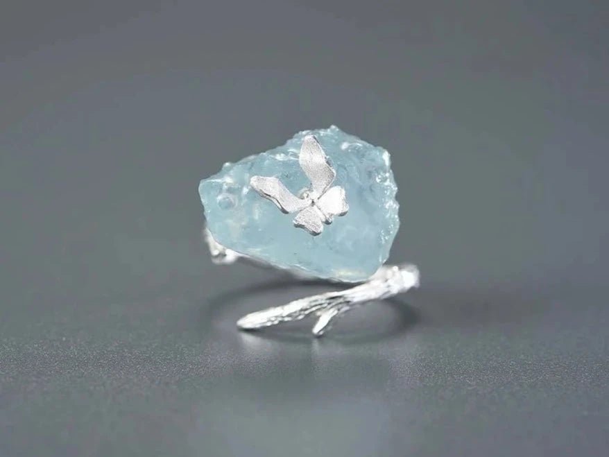 Anel ajustável borboleta com Prata 925 e água marinha - Folhado ouro 18K