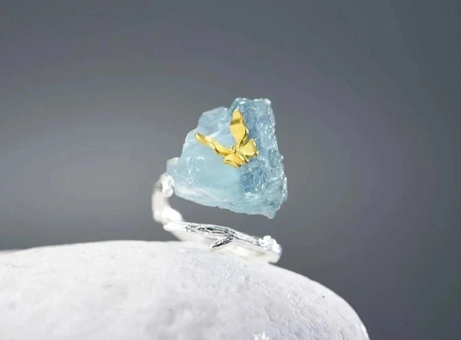 Anel ajustável borboleta com Prata 925 e água marinha - Folhado ouro 18K