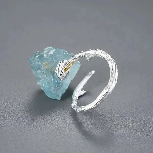 Anel ajustável borboleta com Prata 925 e água marinha - Folhado ouro 18K