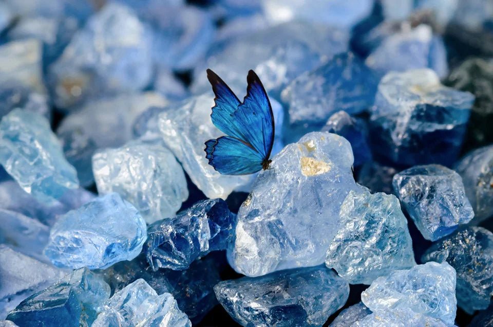 Anel ajustável borboleta com Prata 925 e água marinha - Folhado ouro 18K