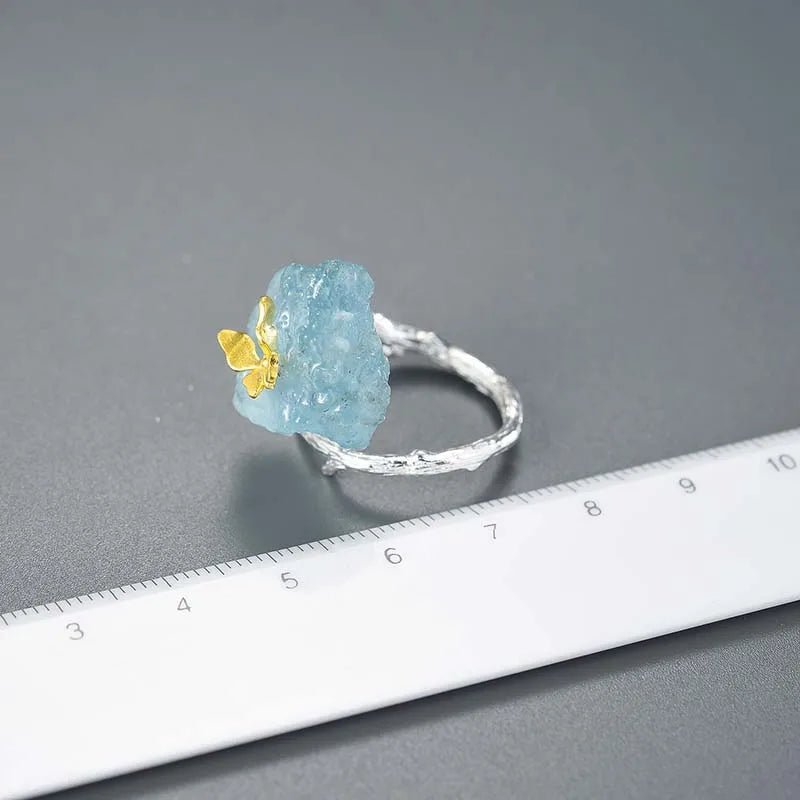 Anel ajustável borboleta com Prata 925 e água marinha - Folhado ouro 18K