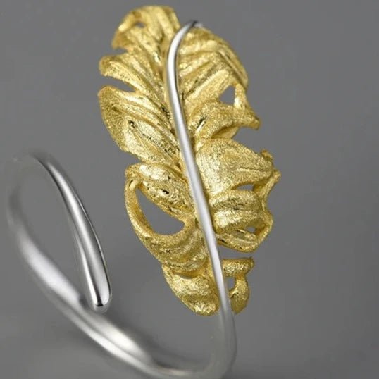 Anel ajustável de prata 925 folhado a ouro 18K pena de ganso