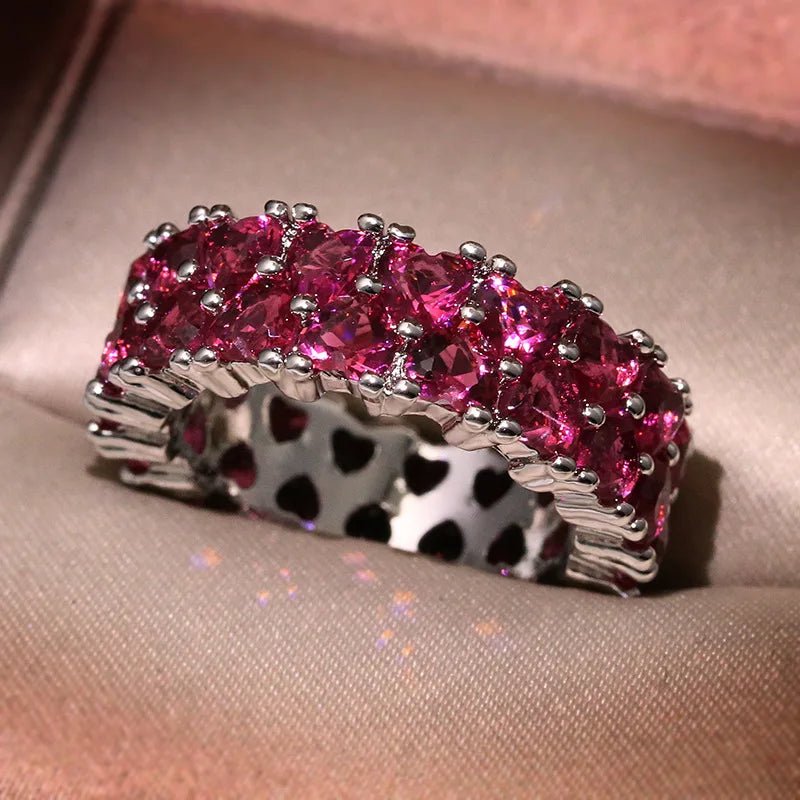 Anel feminino Coração Rosa de zircônia prata 925