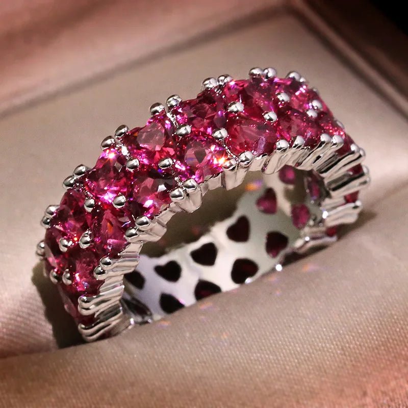 Anel feminino Coração Rosa de zircônia prata 925
