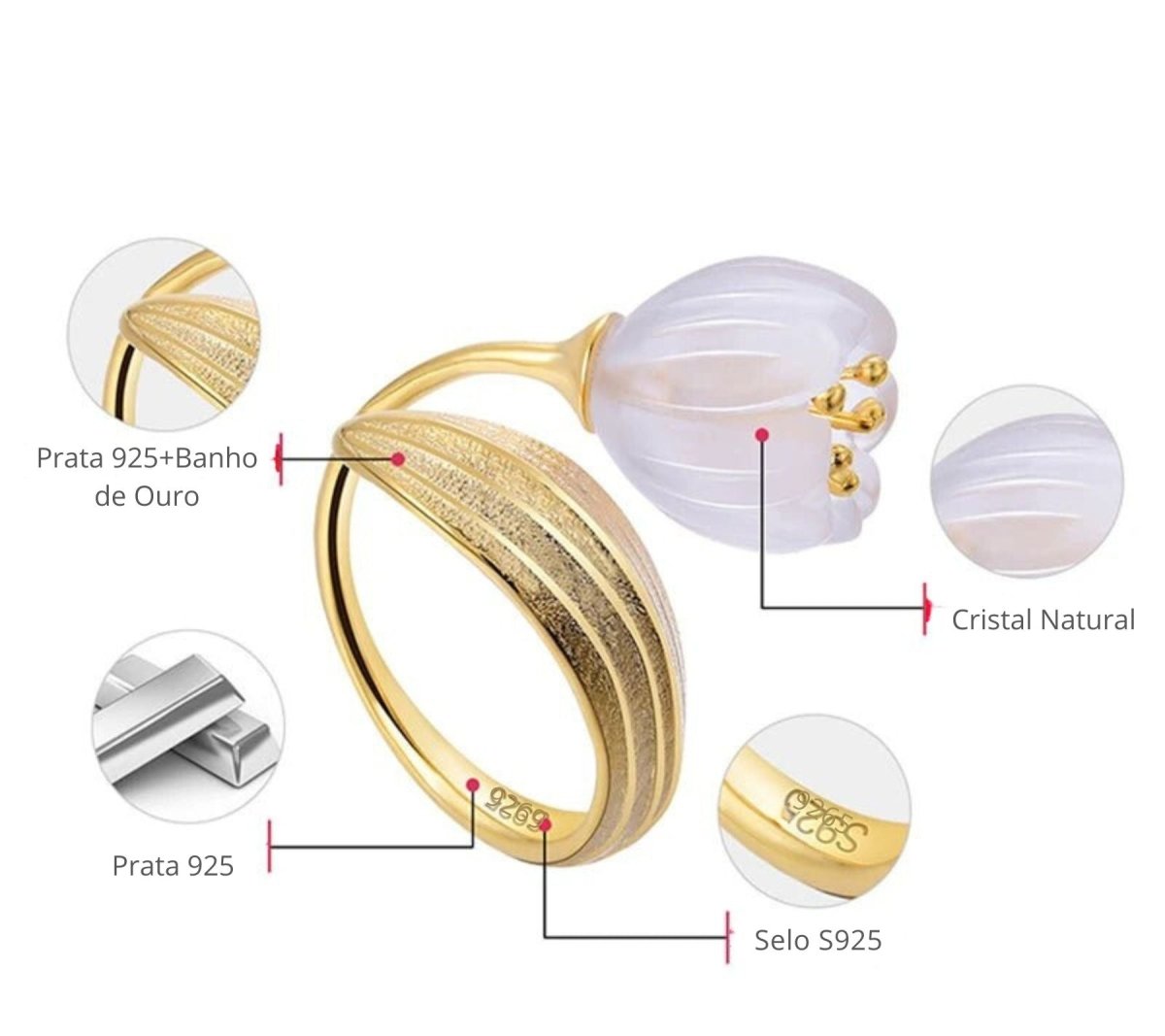 Anel flor de cristal prata 925 com ou sem banho de ouro 18K - Cuidarte Integral