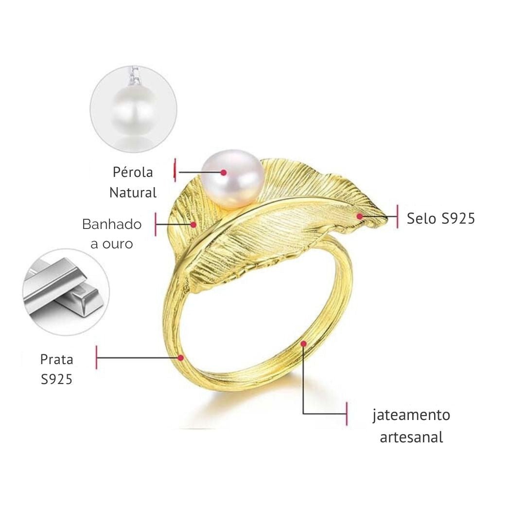 Anel Folha ajustável de prata 925 folhado a ouro 18k com pérola natural - Cuidarte Integral