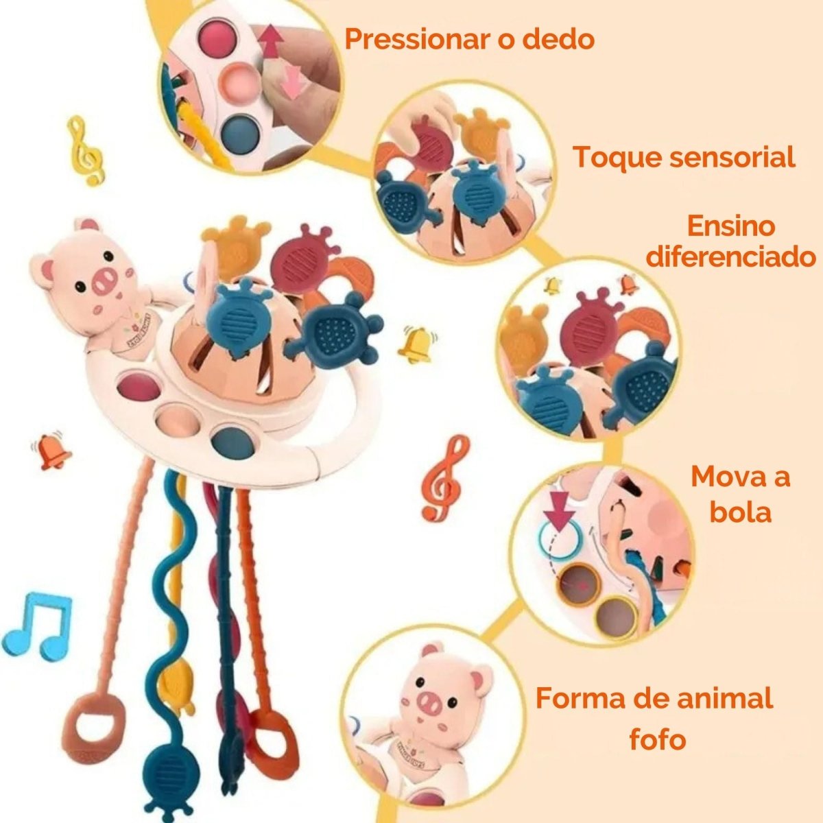 Brinquedo educativo sensorial Montessori 5 em 1 para o bebê - 0 - 3 anos - Cuidarte Integral
